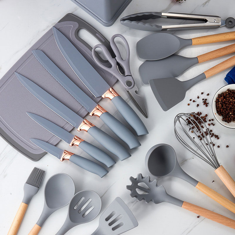 19-Piece Silicone Kitchen Utensil Set with Storage Bucket and Knives